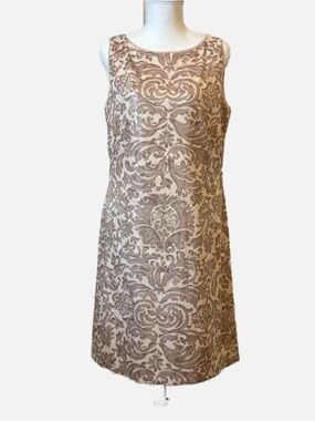 Lauren Ralph Lauren Ivory and Gold Metallic Sequined Damask Sheath Dress Size 10